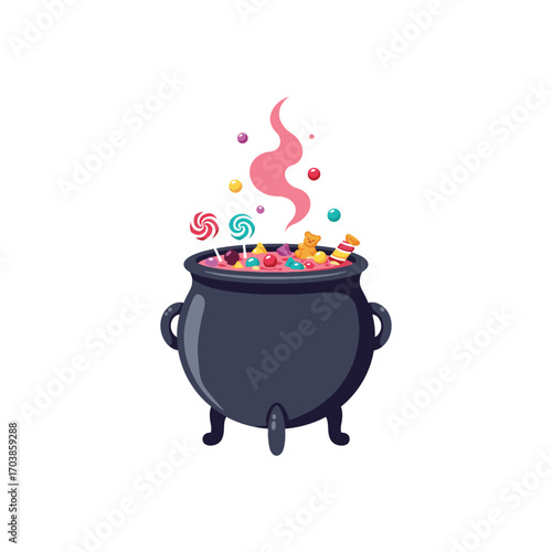 Festive cartoon vector of a Halloween cauldron bubbling with colorful candy and sweets.