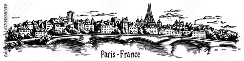Paris France cityscape with Eiffel tower and Seine river sketch