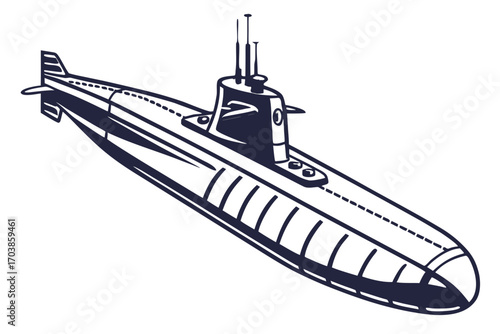 Stylized illustration of a dark blue submarine