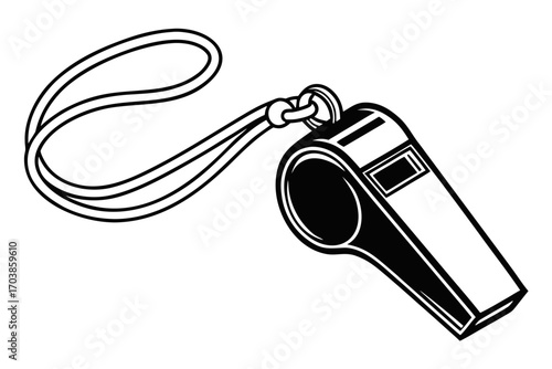 Black and white illustration of a referee whistle with lanyard