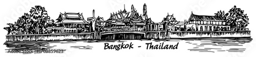 Bangkok temple skyline on Chao Phraya river in monochrome engraving style