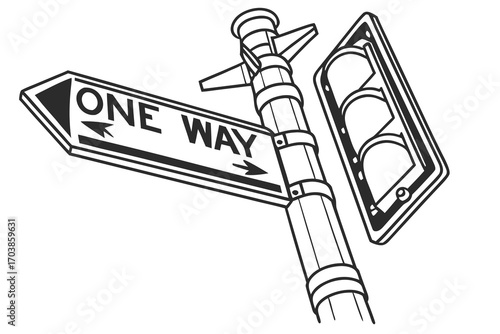 Black and white illustration of a one way street sign and traffic light