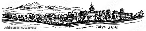 Photography Tokyo skyline with pagoda and Mount Fuji hand drawn sketch vector