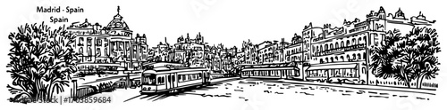 Madrid city riverfront skyline hand drawn sketch vector