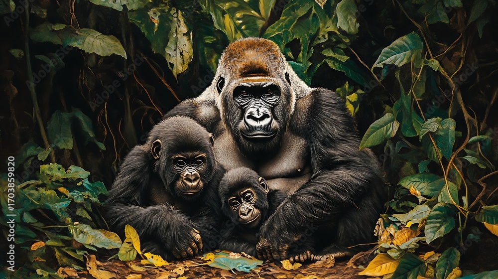 Fototapeta premium Gorilla family portrait in jungle habitat wildlife photography animal conservation primate protection art