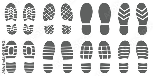 Human bare walk footprints shoes and shoe sole Kids feet vector set. Vector path icons of footprints for fitness, trekking, and navigation guides. Diverse Footprint Impressions Exploring Unique Foots