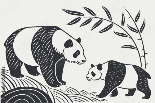 Two pandas and bamboo in a stylized illustration