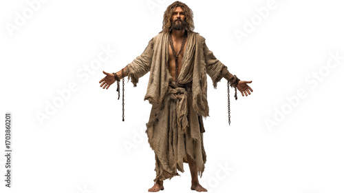 Barabbas full body on transparent background, rugged disheveled biblical prisoner with broken chains, isolated New Testament character PNG.