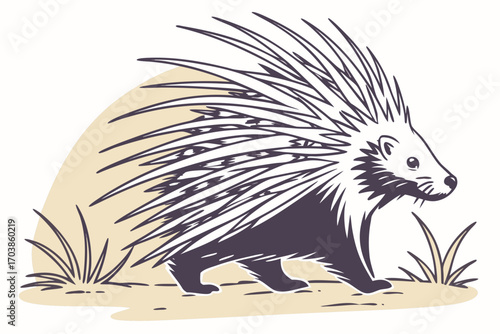 Stylized porcupine walking through grass with a soft background arc