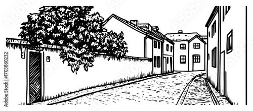 Hand drawn sketch of an old town cobblestone street