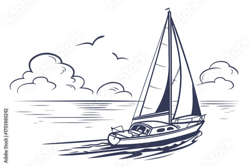 Sailboat sailing on the ocean with birds and clouds