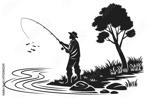 Silhouette of a fisherman casting a line by a tree