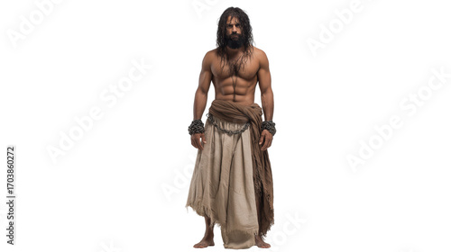 Barabbas full body on transparent background, rugged disheveled biblical prisoner with broken chains, isolated New Testament character PNG.