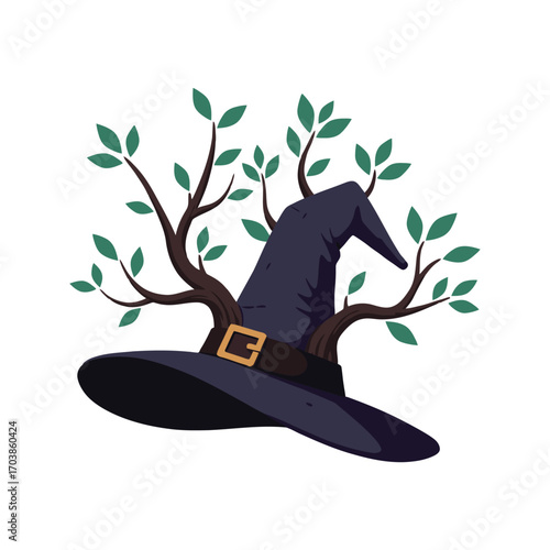 Symbolic vector illustration of a witch hat sprouting tree branches in a spooky Halloween style.