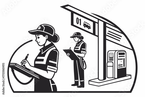 Two women in uniform working at a bus stop with a ticket machine