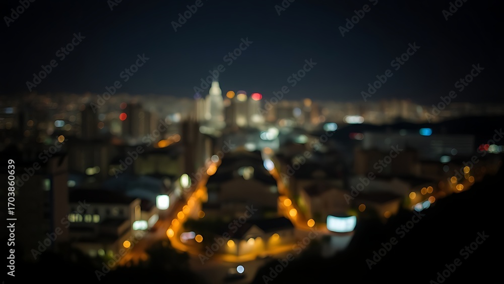 Obraz premium A glowing night cityscape with atmospheric perspective and soft lights, creating a dreamy urban ambiance.