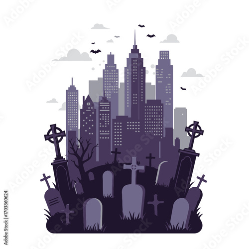 Conceptual vector illustration of a graveyard blending into a city skyline, symbolizing Halloween spooky urban transformation.