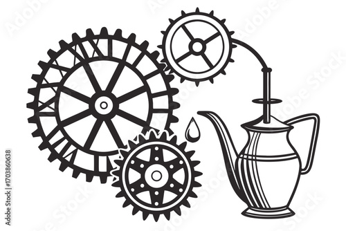 Steampunk gears being oiled by a vintage oil can