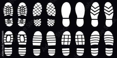 Human bare walk footprints shoes and shoe sole Kids feet vector set. Vector path icons of footprints for fitness, trekking, and navigation guides. Diverse Footprint Impressions Exploring Unique Foots