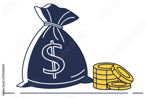 Dark blue money bag with dollar sign and stack of gold coins