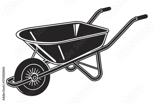Black and white illustration of a garden wheelbarrow