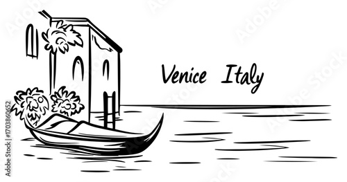 Hand drawn sketch of Venice Italy with gondola on canal