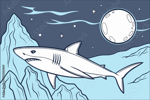 Majestic shark swims under a full moon and starry night sky