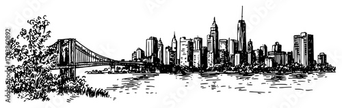 New York City skyline with Brooklyn bridge in sketch style
