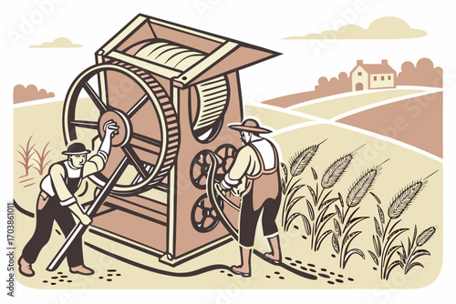 Farmers operating a threshing machine in a field with a farmhouse in the background