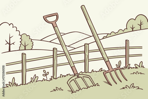 Gardening tools resting in a field with rolling hills