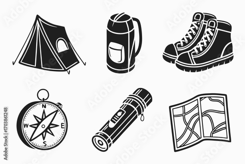 Camping and hiking gear icons for outdoor adventures