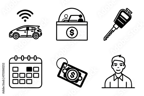 Car rental service icons for booking and payment