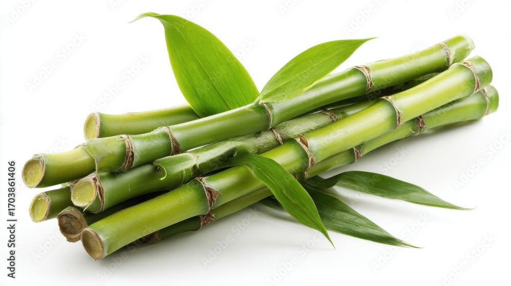 Fototapeta premium Bamboo stalks are arranged neatly alongside their glossy green leaves, showcasing their natural beauty and versatility for cooking or decoration.