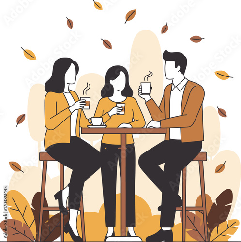 Friends enjoying coffee together on a cozy autumn day outdoors