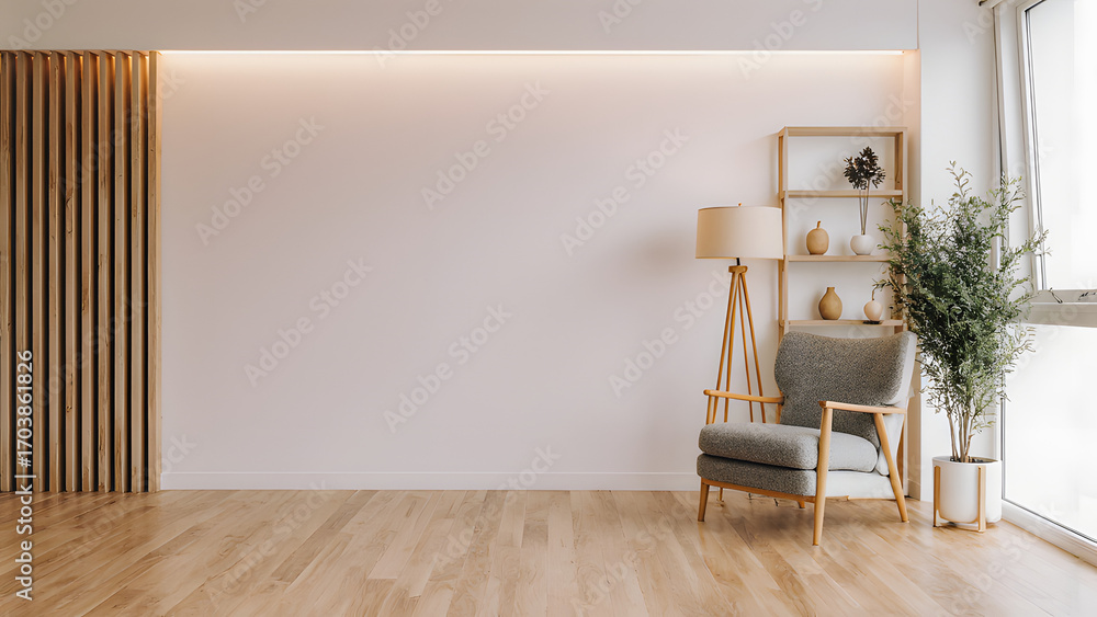 Fototapeta premium Serene Interior: A minimalist living space with a warm, inviting atmosphere, showcasing elegant simplicity and modern design elements. 