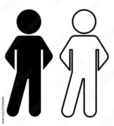 Standing person in “at ease” posture pictogram, front view. Black and white icon set in solid and outline. Useful for signage, education, posture, and waiting illustrations. 休め姿勢のアイコン素材です。