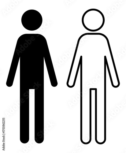 Black and white pictogram of a slim person standing, shown in both solid and line art style. Suitable for health, diet, and fitness themes.