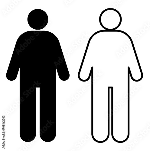 Black and white pictogram of an overweight person standing, available in solid fill and line art style. Useful for health, obesity, and weight management concepts.