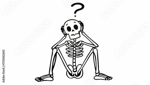 A skeleton sits with hands on its head under a question mark expressing confusion and contemplation created with generated ai 
