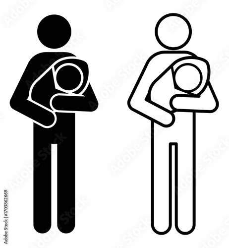 Black and white pictogram of an adult holding a baby, shown in solid and line art. Useful for maternity, childcare, family, and healthcare designs.