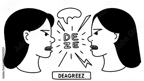 Two women facing each other with angry expressions and the word deze in the middle of them created with generated ai 