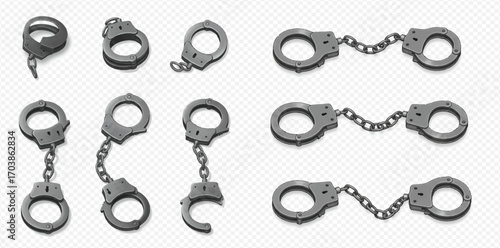 Nine different illustrations of metal handcuffs in various open and closed positions on a transparent background.