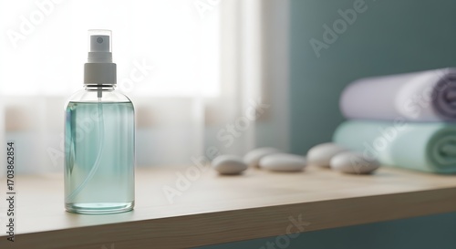 Glass Spray Bottle with copy space in spa shelf photorealistic