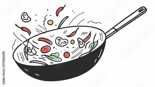 Illustration of a wok tossing vegetables and peppers in the air for cooking a stir fry dish created with generated ai 