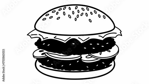 Illustration of a black and white burger with sesame seeds on the top bun and visible ingredients created with generated ai 