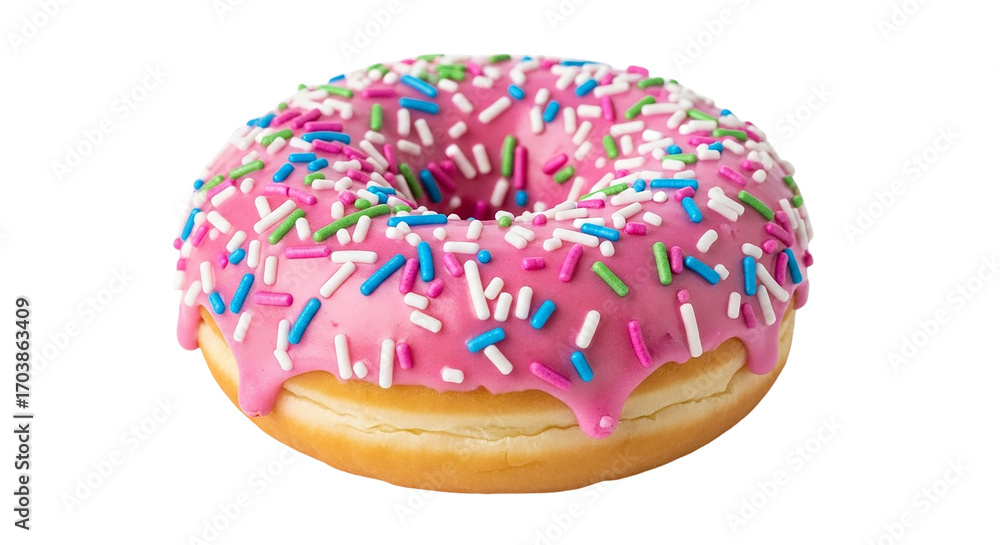 A sweet indulgence awaits with a pink frosted donut generously sprinkled promising a burst of on transparent background A sweet indulgence awaits with a pink frosted donut generously sprinkled promising a burst of on transparent background