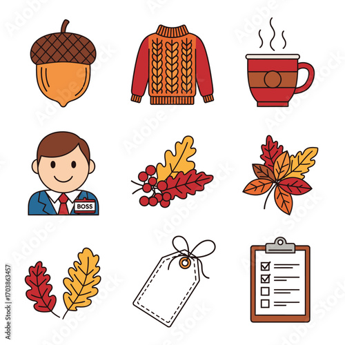 Autumn icons featuring acorn sweater hot drink boss leaves tag and checklist