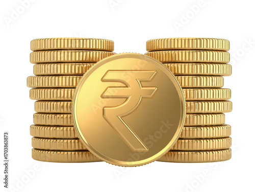 Golden indian rupee coin symbol and stacks of money concept for finance and wealth