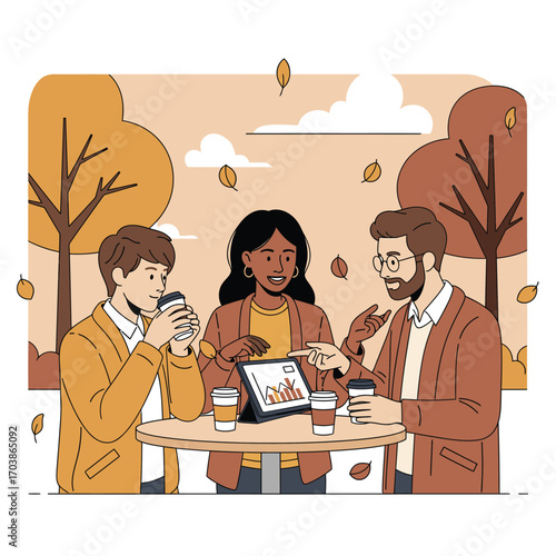 Diverse team collaborates outdoors on a tablet with coffee cups during autumn season