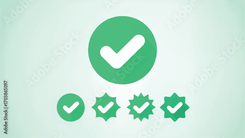 Vector art of green checkmark icons and badges on a light green background